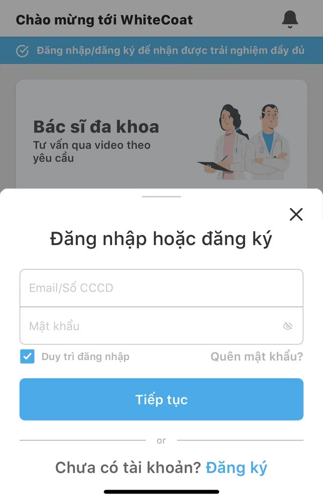 Hộp thoại đăng nhập hoặc đăng ký