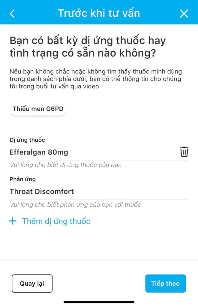 Màn hình câu hỏi trước khi tư vấn